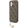 Brązowe etui na telefon z kolekcji GUESS 4G Charms Collection, ozdobione wzorem z logo i zawieszką. Na dole etui widoczny jest napis "GUESS".