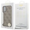 Opakowanie etui GUESS 4G Charms Collection MagSafe do Apple iPhone 17 w kolorze brązowym, z widocznym wzorem logo GUESS i napisem "NEVER STOP DREAMING!! Paul Marciano". Na opakowaniu znajdują się również informacje o kompatybilności z systemem MagSafe ora