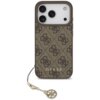 Brązowe etui na telefon z wzorem 4G i napisem "GUESS" na dole, posiada zawieszkę z metalowym elementem. Etui jest przeznaczone do modelu Apple iPhone 17 Pro i jest kompatybilne z MagSafe.