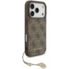 Brązowe etui na telefon z wzorem 4G i napisem "GUESS" na dole, posiada trzy otwory na aparaty oraz zawieszkę z metalowym elementem ozdobnym. Etui jest przeznaczone do modelu Apple iPhone 17 Pro i jest kompatybilne z MagSafe.