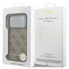 Opakowanie etui GUESS 4G Charms Collection MagSafe do Apple iPhone 17 Pro w kolorze brązowym, z widocznym wzorem logo GUESS i napisem "NEVER STOP DREAMING!! Paul Marciano". Na opakowaniu znajdują się również informacje o kompatybilności z MagSafe oraz iko