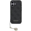 Czarne etui na telefon z wzorem 4G i napisem "GUESS" w dolnej części, posiada złoty brelok z okrągłym elementem. Etui jest przeznaczone do modelu Apple iPhone 17 i jest kompatybilne z MagSafe.