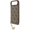 Brązowe etui na telefon z wzorem 4G i napisem "GUESS" na dole, posiada zawieszkę w kształcie okrągłego medalionu. Etui ma wycięcie na aparat i przyciski boczne.