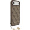 Brązowe etui na telefon z wzorem w ciemne, symetryczne logo, z napisem "GUESS" na dole. Etui posiada zawieszkę z metalowym elementem w kształcie logo.
