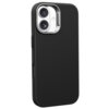 Na zdjęciu widoczne jest czarne etui o fakturze przypominającej włókno węglowe, przeznaczone do telefonu z dwoma obiektywami aparatu. Etui ma wycięcia na przyciski i aparat, a jego krawędzie są zaokrąglone.