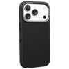 Czarne etui o fakturze przypominającej włókno węglowe, z wycięciem na aparat z trzema obiektywami i dodatkowymi otworami. Produkt jest przeznaczony do telefonu Apple iPhone 17 Pro i posiada funkcję MagSafe.