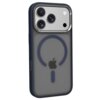 Przezroczyste etui na telefon z niebieską ramką, posiada wycięcia na trzy obiektywy aparatu oraz dodatkowe otwory. Na tylnej części etui widoczny jest symbol w kształcie okręgu z pionową kreską oraz logo w kształcie jabłka.
