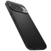 Czarne, matowe etui z teksturą w drobne trójkąty, przeznaczone do telefonu, z widocznymi wycięciami na aparat i przyciski. Produkt ma elegancki, nowoczesny design.