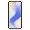 Na zdjęciu widoczny jest smartfon w czarnym, matowym etui z cienką ramką, z wyświetlaczem prezentującym abstrakcyjny wzór w odcieniach niebieskiego, fioletowego i kremowego. Na górze ekranu znajduje się mały otwór na kamerę.