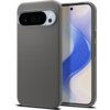 Szare etui z teksturą w trójkąty, zaprojektowane dla telefonu, z widocznym wycięciem na aparat i logo "SPIGEN" na boku. Obok etui znajduje się telefon z wyświetlaczem pokazującym abstrakcyjny wzór w odcieniach niebieskiego i białego.