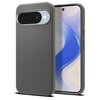 Ciemnoszare etui z teksturą w trójkąty, zaprojektowane dla Google Pixel 10 / 10 Pro, z widocznym wycięciem na aparat i logo "SPIGEN" na boku. Obok etui znajduje się telefon z wyświetlaczem pokazującym abstrakcyjną grafikę w odcieniach niebieskiego i białe
