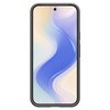 Ciemnoszare etui na telefon z widocznym ekranem, na którym wyświetlany jest abstrakcyjny, falisty wzór w odcieniach niebieskiego, fioletowego i kremowego. Etui ma smukły design z wycięciem na aparat w górnej części.