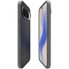 Ciemnoszare etui na telefon z teksturowaną powierzchnią i wycięciami na przyciski oraz aparat. Widoczny jest ekran telefonu z abstrakcyjną, falistą grafiką w odcieniach niebieskiego i kremowego.