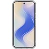 Przezroczyste etui na telefon z widocznym ekranem, na którym wyświetlany jest abstrakcyjny wzór w odcieniach niebieskiego, fioletowego i kremowego. Etui ma zaokrąglone rogi i wycięcie na aparat w górnej części.