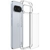 Przezroczyste etui SPIGEN Ultra Hybrid jest pokazane obok telefonu Google Pixel 10 Pro XL, z widocznymi przyciskami i wycięciem na aparat. Na etui znajduje się subtelne logo "spigen".