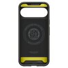 Czarne matowe etui z żółtymi akcentami, z dużym otworem na aparat, posiada napis "AIR CUSHION TECHNOLOGY" oraz logo "Spigen" z informacją "Magnetic Case for Google - MagFit - Patent 11,263,321". Na dole widnieje napis "Spigen Inc in Irvine California Made