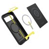Czarne matowe etui z serii Rugged Armor MagSafe do Google Pixel 10/10 Pro, z widocznymi elementami konstrukcyjnymi i okrągłym wycięciem na magnes. Na etui znajduje się napis: "Air Cushion Technology" oraz "Designed by Spigen Inc in California USA".