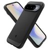 Czarne matowe etui z teksturą na rogach i karbonowym wzorem na górze oraz dole, przeznaczone do telefonu Google Pixel 10/10 Pro. Na etui widoczne jest logo producenta.
