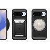 Na zdjęciu widoczne jest czarne, matowe etui na telefon z miejscem na kartę oraz okrągłym uchwytem magnetycznym. Etui ma teksturowane wykończenie i wycięcia na aparat oraz logo producenta.