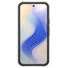 Na zdjęciu widoczny jest smartfon w czarnym, matowym etui z zaokrąglonymi krawędziami. Ekran urządzenia wyświetla abstrakcyjny wzór w odcieniach niebieskiego, fioletowego i kremowego.