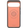 Szare etui z pomarańczowym wnętrzem, posiada wycięcie na aparat oraz okrągły wzór z tekstem: "Magnetic Case for Google - MagFit - Patent 11 862 323" i "Spigen Inc in Irvine California". Na dole widnieje napis "Magnetic Case for Google" oraz logo "spigen".