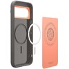 Szare etui z okrągłym wycięciem na MagSafe, z pomarańczowym wnętrzem, obok którego znajduje się pomarańczowa karta z okrągłym logo i napisem: "Magnetic Case for Google - MagFit - Patent Pending 2023, Spigen Inc in Irvine California, www.spigen.com". Na et