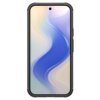 Na zdjęciu widoczny jest smartfon w czarnym, matowym etui z zaokrąglonymi krawędziami. Ekran urządzenia wyświetla abstrakcyjny wzór w odcieniach niebieskiego, fioletowego i kremowego.