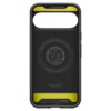 Czarne matowe etui z żółtymi akcentami, posiadające wycięcie na aparat oraz teksty: "AIR CUSHION TECHNOLOGY", "Magnetic Case for Google - MagFit - Patent 1786523", "Spigen Inc in Irvine California", "www.spigen.com", "Made in South Korea". W centralnej cz