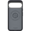 Czarne etui z wycięciem na aparat, na którym widnieje okrągły wzór z tekstem: "Magnetic Case for Google - MagFit - Patent 11865223" oraz "Spigen Inc in Irvine California". Na dole znajduje się napis "Magnetic Case for Google" oraz "www.spigen.com".