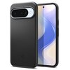 Czarne etui na telefon z widocznym logo producenta na dole, obok smartfona z wyświetlaczem pokazującym abstrakcyjny wzór w odcieniach niebieskiego i beżowego. Na etui znajduje się wycięcie na aparat z trzema obiektywami i lampą błyskową.
