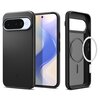 Czarne etui na telefon z widocznym wycięciem na aparat i przyciski boczne, obok pokazane jest wnętrze etui z okrągłym wzorem na środku. Na etui znajduje się niewielkie logo w kształcie krzyża.