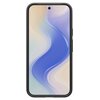 Na zdjęciu widoczny jest smartfon w czarnym etui z cienką ramką, z wyświetlaczem prezentującym abstrakcyjny, falisty wzór w odcieniach niebieskiego, fioletowego i beżowego. Na ekranie znajduje się centralnie umieszczony otwór na kamerę.
