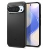 Czarne etui na telefon z widocznym logo producenta na dole, obok smartfona z wyświetlaczem pokazującym abstrakcyjny, kolorowy wzór. Etui ma wycięcie na aparat z trzema obiektywami i lampą błyskową.