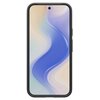Czarny telefon w etui z cienką ramką, z wyświetlaczem pokazującym abstrakcyjny, falisty wzór w odcieniach niebieskiego, fioletowego i beżowego. Na górze ekranu widoczny jest mały otwór na kamerę.