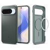 Zielone etui na telefon z wycięciem na aparat i okrągłym wzorem wewnątrz, widoczne z przodu i z tyłu. Na etui znajduje się małe logo producenta.