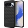 Czarne matowe etui z geometrycznym wzorem na tylnej części, przeznaczone do telefonu Google Pixel 10 Pro XL, z widocznym logo producenta "Spigen" na boku. Obok etui znajduje się telefon z wyświetlaczem pokazującym abstrakcyjny, niebiesko-biały wzór.