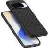 Czarne matowe etui z geometrycznym wzorem na tylnym panelu, przeznaczone dla telefonu Google Pixel 10 Pro XL, z widocznym logo producenta. Na etui znajduje się napis "SPIGEN".