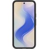 Czarny matowy telefon w etui z widocznym ekranem, na którym wyświetla się abstrakcyjna grafika w odcieniach niebieskiego, fioletowego i kremowego. Na górze ekranu znajduje się mały otwór na kamerę.