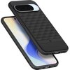 Na zdjęciu widoczne jest czarne, matowe etui z geometrycznym wzorem, przeznaczone do telefonu Google Pixel 10/10 Pro, z funkcją MagSafe. Na etui znajduje się logo producenta, a na krawędzi widoczny jest napis "SPIGEN".