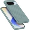Zielone etui z geometrycznym wzorem na tylnej części, przeznaczone dla telefonu Google Pixel 10/10 Pro, z widocznymi przyciskami bocznymi i wycięciem na aparat. Na etui znajduje się logo producenta "SPIGEN".