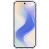 Przezroczyste etui na telefon z widocznym ekranem, na którym wyświetlany jest abstrakcyjny wzór w odcieniach niebieskiego, fioletowego i kremowego. Etui ma zaokrąglone rogi i wycięcie na aparat w górnej części.
