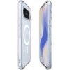 Przezroczyste etui na telefon z widocznym okrągłym wzorem MagSafe i literą "G" na tylnej części, obok którego znajduje się telefon z wyświetlaczem pokazującym abstrakcyjny, kolorowy wzór. Na bokach etui widoczne są przyciski oraz wycięcia na porty.