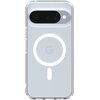 Przezroczyste etui na telefon z widocznym logo "G" oraz okrągłym wzorem MagSafe na tylnej części. W górnej części znajduje się wycięcie na aparat z trzema obiektywami i lampą błyskową.