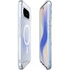 Przezroczyste etui na telefon z widocznym logo "G" i okręgiem MagSafe, pokazane z dwóch perspektyw: z tyłu i z boku. Etui ma wyraźnie zaznaczone przyciski i otwory na aparat oraz porty.