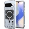 Przezroczyste etui na telefon z widocznymi elementami technologicznymi, takimi jak cewka i układy elektroniczne, z napisem "Spigen NeoOne". Obok etui znajduje się telefon z wyświetlaczem pokazującym abstrakcyjny wzór w odcieniach niebieskiego i beżu.