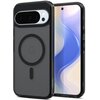 Czarne etui na telefon z przezroczystymi elementami, widoczne logo "G" oraz napis "Spigen" na boku. Obok etui znajduje się telefon z wyświetlaczem pokazującym abstrakcyjną, kolorową grafikę.