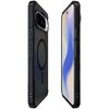 Czarne etui na telefon z przezroczystymi elementami, widoczne z dwóch perspektyw, z okrągłym wzorem na tylnej części. Etui posiada wycięcia na aparat i przyciski boczne.