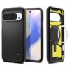 Czarne etui SPIGEN Tough Armor Mag MagSafe do Google Pixel 10 Pro XL jest przedstawione z przodu i z tyłu, z widocznymi wycięciami na aparat oraz żółtym wnętrzem z okrągłym elementem MagSafe. Na etui widoczny jest napis "SPIGEN" oraz "TOUGH ARMOR".