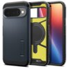Na zdjęciu widoczne są trzy etui na telefon w kolorze szarym, z czego jedno jest otwarte, ukazując żółte wnętrze z okrągłym elementem. Na etui znajduje się napis "SPIGEN" oraz "TOUGH ARMOR".