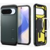 Ciemnozielone etui SPIGEN Tough Armor Mag MagSafe do Google Pixel 10 / 10 Pro, z widocznym logo producenta i napisem "Tough Armor" na boku, prezentowane jest z przodu i z tyłu. Wnętrze etui ma żółte akcenty i okrągły element MagSafe, a na zewnątrz znajduje się podpórka.